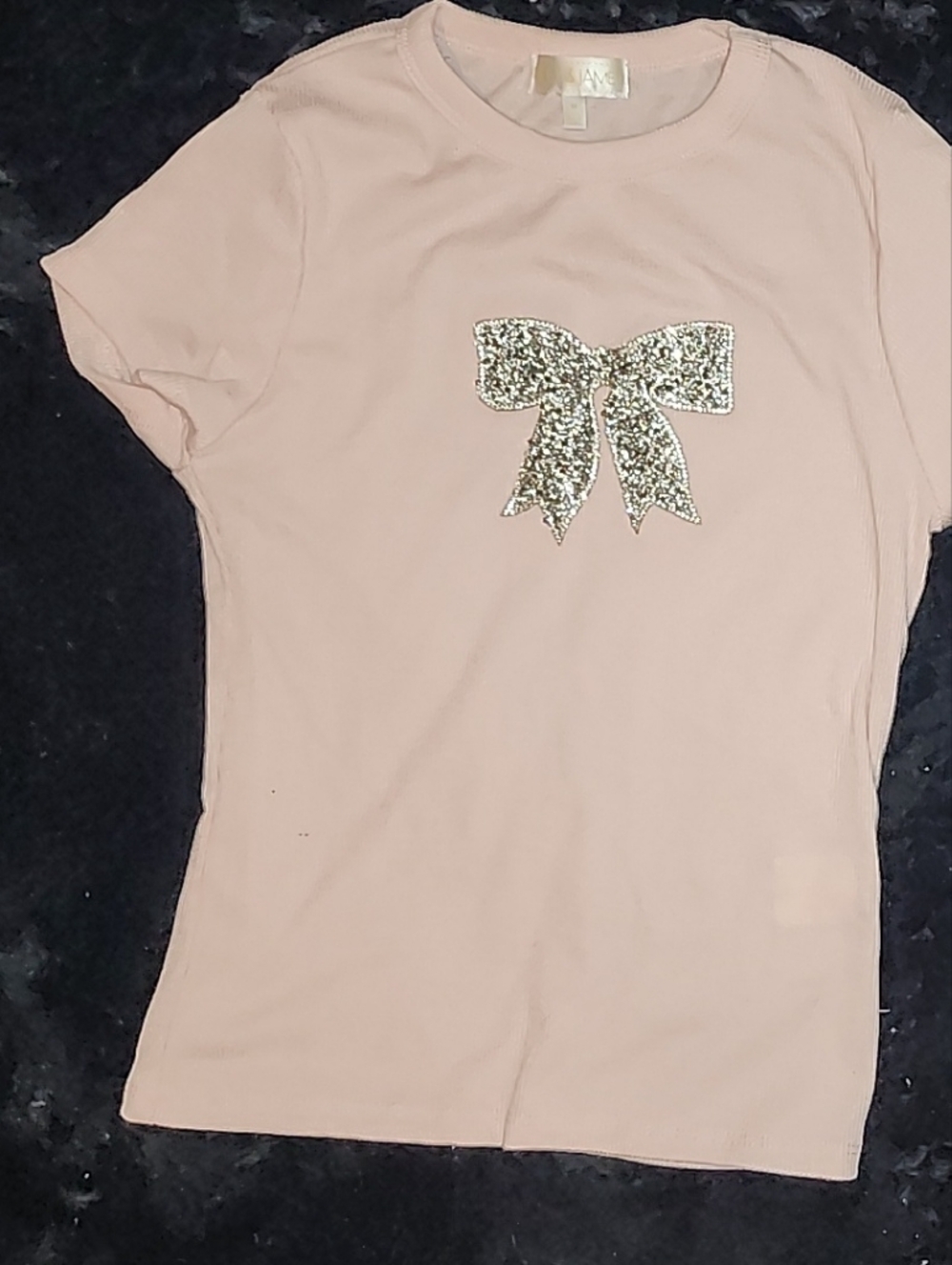 Girls' Pale Pink Short Sleeve Tee with Gold Sequin Bow Accent